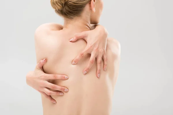 Back View Sexy Naked Woman Embracing Herself Isolated Grey — Stock Photo, Image