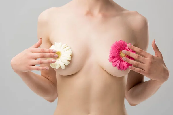 Vista Parcial Mujer Joven Desnuda Con Flores Aisladas Gris — Foto de Stock