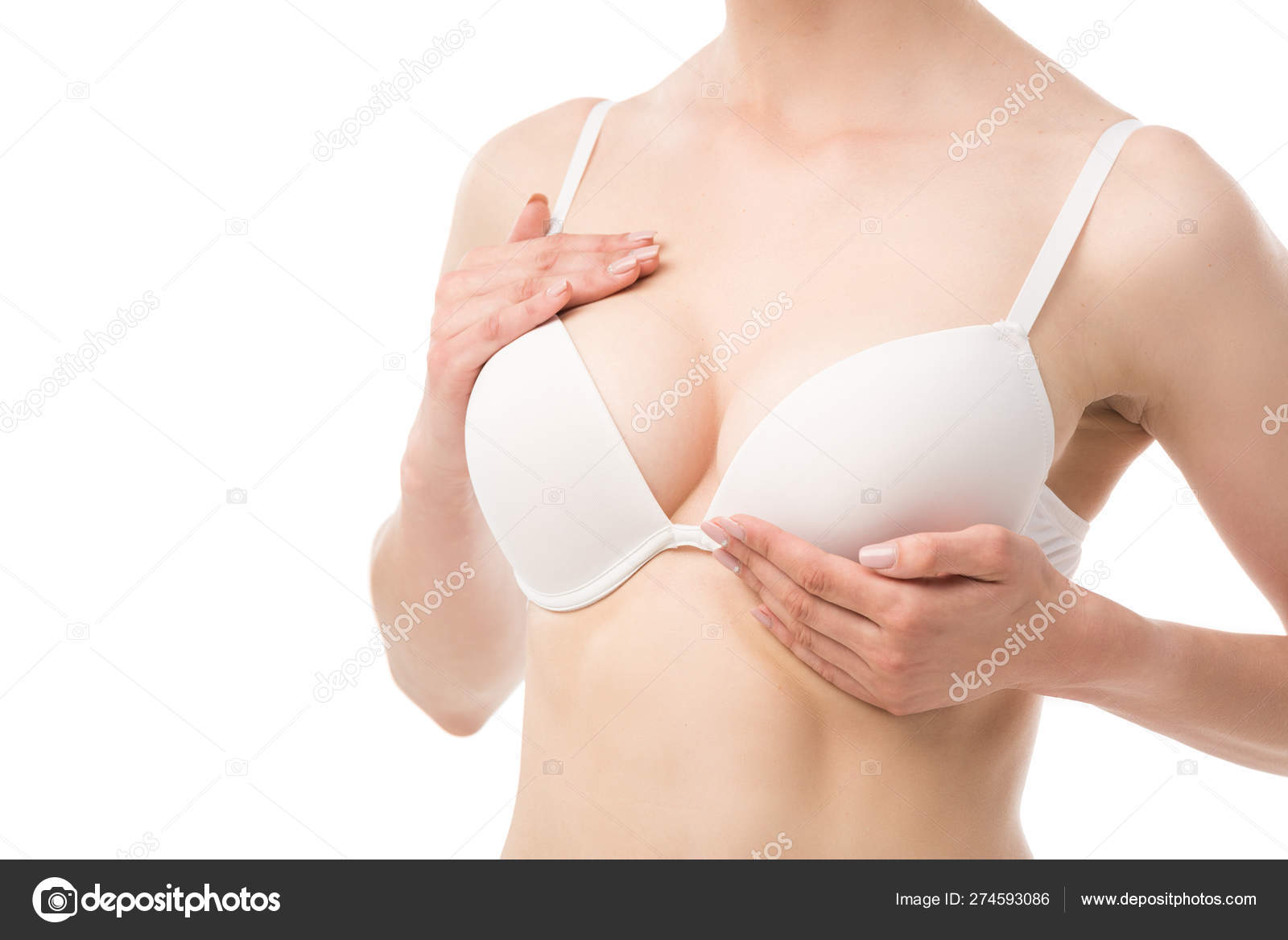Young Slim Woman Holding Bra Strap. Straps Keep Falling Down