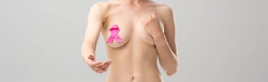panoramic shot of naked woman with pink ribbon with outstretched hand isolated on grey clipart