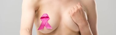 panoramic shot of naked woman with pink ribbon isolated on grey clipart