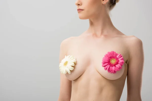 Vista Parcial Mujer Joven Desnuda Con Flores Aisladas Gris — Foto de Stock