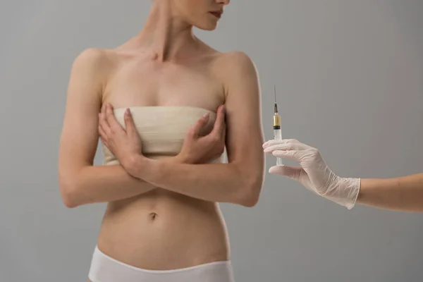 Cropped View Patient Breast Bandage Doctor Latex Glove Holding Syringe — Stock Photo, Image