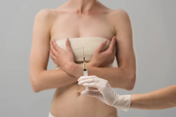 Cropped View Patient Breast Bandage Doctor Latex Glove Holding Syringe — Stock Photo, Image