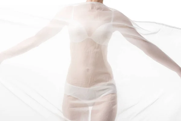 Vista Parziale Donna Sexy Biancheria Intima Con Panno Bianco Isolato — Foto Stock