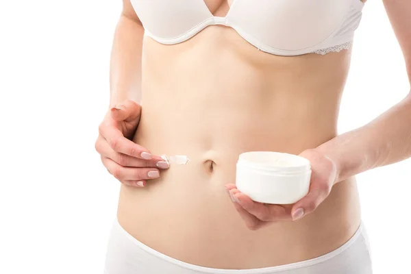 Cropped View Young Woman Underwear Applying Cosmetic Cream Belly Isolated — Stock Photo, Image