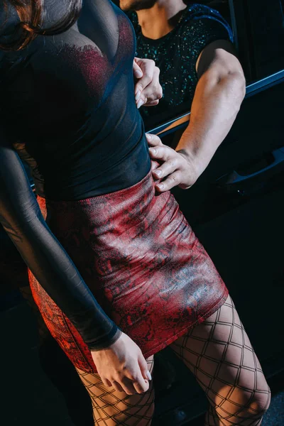 Cropped View Client Touching Seductive Prostitute Red Skirt Standing Car — Stock Photo, Image