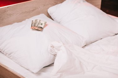 yatakta temiz yastıklar üzerinde dolar banknot seçici odak
