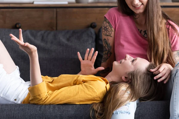 Partial View Two Smiling Lesbians Sofa Cozy Living Room — Stock Photo, Image