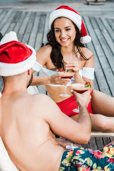 Back View Man Holding Cocktail Glass Happy Woman Santa Claus — Stock Photo, Image