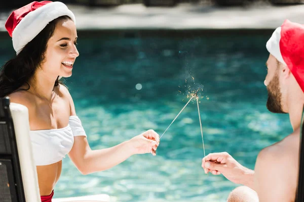 Selective Focus Young Happy Woman Man Holding Burning Sparklers — Stock Photo, Image