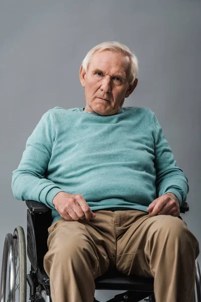 Upset Senior Man Sitting Wheelchair Looking Camera Isolated Grey — Stock Photo, Image