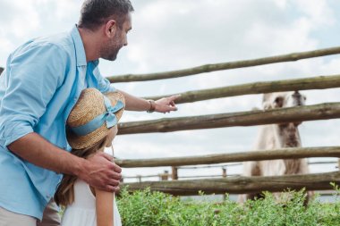 handsome father pointing with finger at camel near daughter in straw hat   clipart