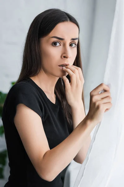 Frightened Young Woman Suffering Panic Attack While Standing Window Looking — Stock Photo, Image