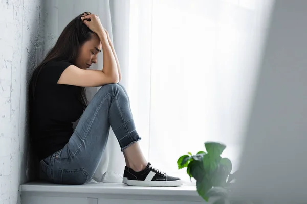 Selective Focus Young Woman Crying While Sitting Window Sill Suffering — Stock Photo, Image