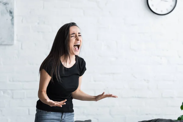 Irritated Girl Screaming Gesturing While Suffering Depression Home — Stock Photo, Image