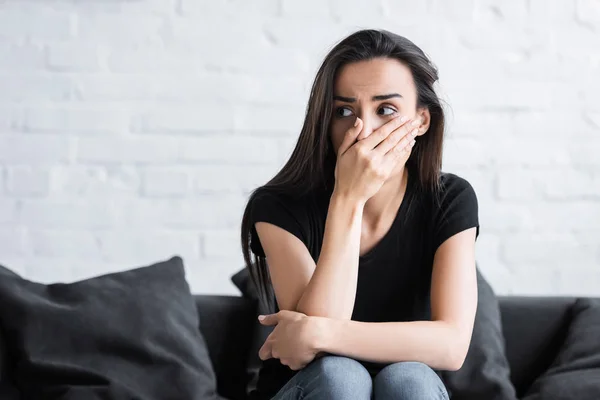 Scared Young Woman Holding Hand Face Looking Away While Suffering — Stock Photo, Image