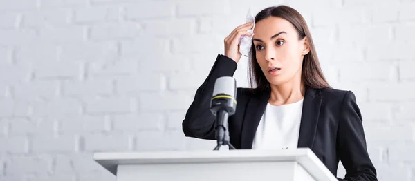 Panoramic Shot Worried Lecturer Suffering Fear Public Speaking Holding Napkin — Stock Photo, Image