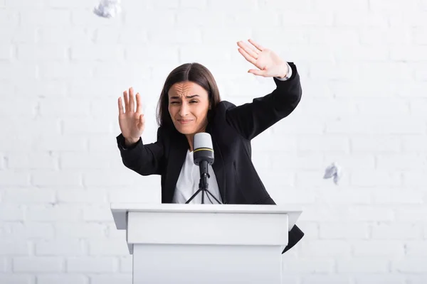 Frightened Lecturer Suffering Glossophobia Gesturing Hands While Standing Podium Tribune — Stock Photo, Image