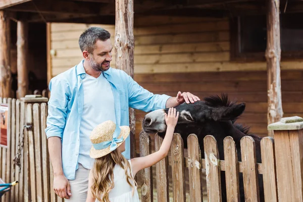 Barbudo Hombre Lindo Hija Tocando Burro Mientras Pie Zoológico — Foto de Stock