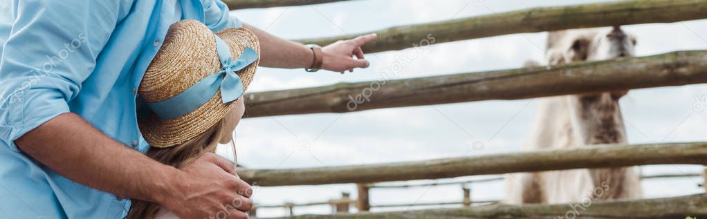 panoramic shot of father pointing with finger at camel near daughter in straw hat 