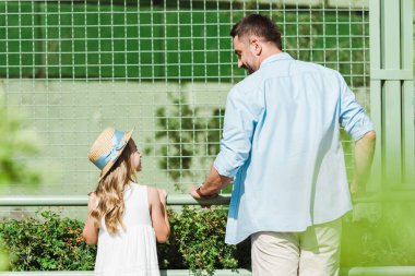 selective focus of cheerful father and daughter looking at each other in zoo  clipart