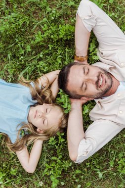 yeşil çim en iyi baba ve sevimli kızı üst görünümü 