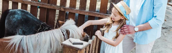 Panoramic Shot Cheerful Kid Touching Pony While Standing Father Zoo — Stock Photo, Image