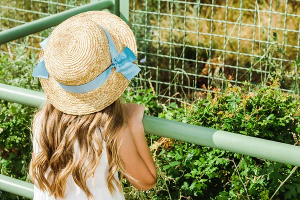 在动物园里 戴着草帽的孩子站在金属笼子附近 — 图库照片
