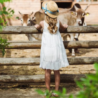 back view of child in straw hat standing in white dress near fence in zoo  clipart