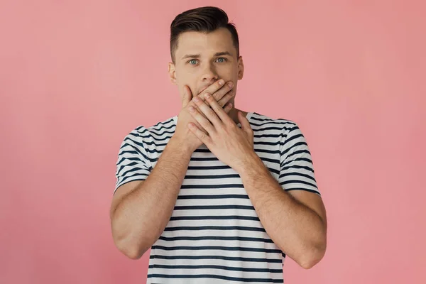 Front View Shocked Young Man Striped Shirt Covering Mouth Hands — Stock Photo, Image