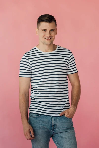 Smiling Man Striped Shirt Hand Pocket Looking Camera Isolated Pink — Stock Photo, Image