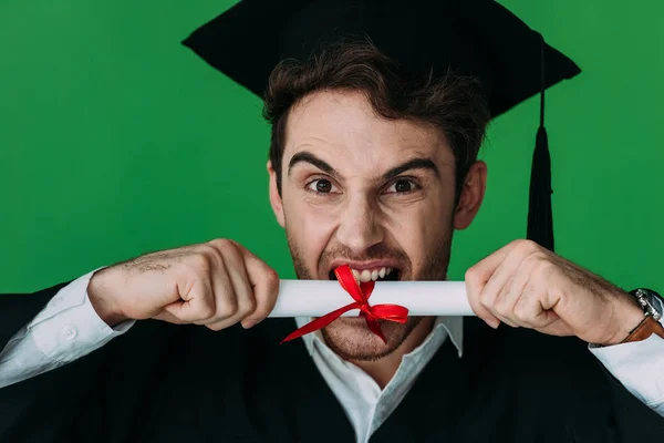 緑に隔離された赤いリボンでアカデミックキャップ噛む卒業証書で怒っている学生の正面図 — ストック写真