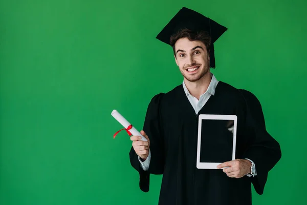 Smiling Student Academic Cap Holding Diploma Red Ribbon Digital Tablet — Stock Photo, Image