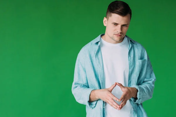 Pensive Young Man Shirt Isolated Green — Stock Photo, Image