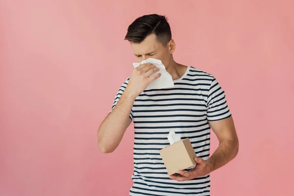 Man Striped Shirt Wiping Nose Napkin Isolated Pink — Stock Photo, Image