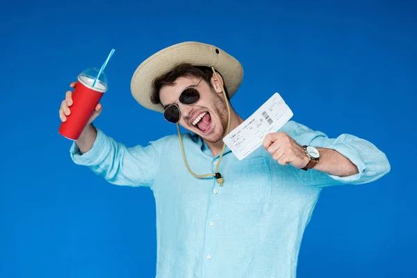 Smiling Tourist Safari Hat Sunglasses Holding Air Ticket Beverage Looking — Stock Photo, Image