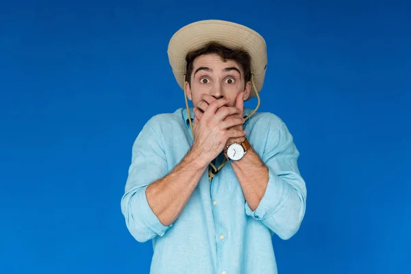 Front View Scared Tourist Safari Hat Wristwatch Covering Mouth Hands — Stock Photo, Image