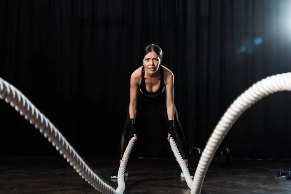 Selective Focus Woman Exercising Battle Ropes Black — Stock Photo, Image