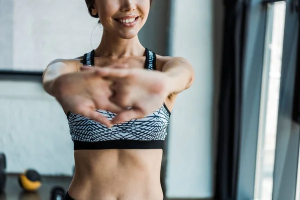 Cropped View Happy Girl Stretching While Warming Gym — Stock Photo, Image