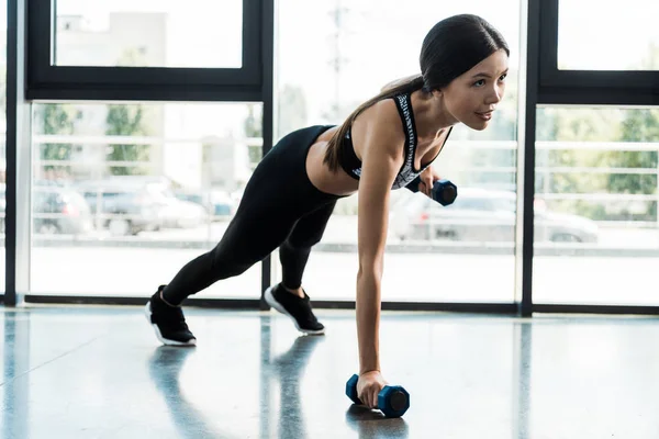 Young Sporty Woman Exercising Dumbbells Gym Windows — Stock Photo, Image
