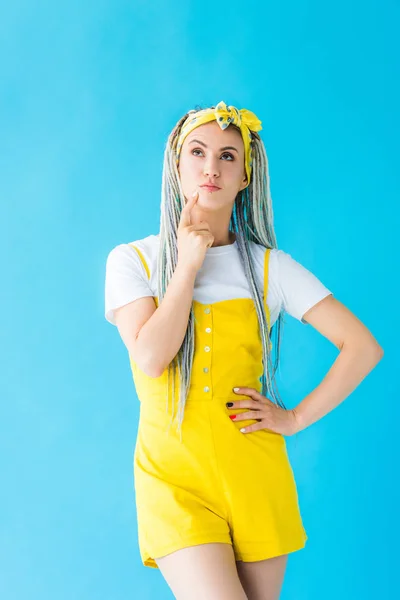 Pensive Girl Dreadlocks Finger Chin Isolated Turquoise — Stock Photo, Image