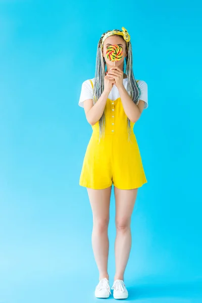 Girl Dreadlocks Covering Face Lollipop Turquoise — Stock Photo, Image