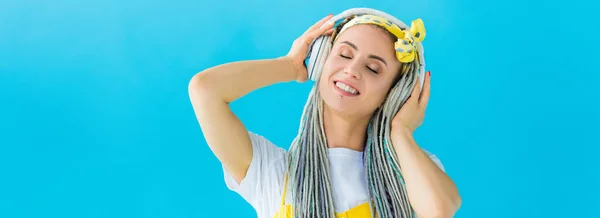 Panoramic Shot Happy Girl Dreadlocks Headphones Isolated Turquoise — Stock Photo, Image