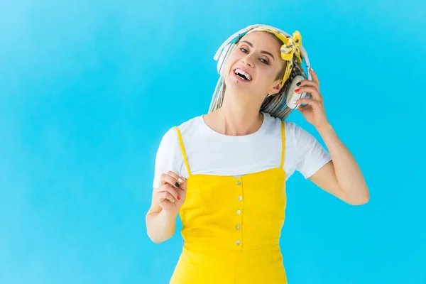 Girl Dreadlocks Putting Headphones Isolated Turquoise — Stock Photo, Image