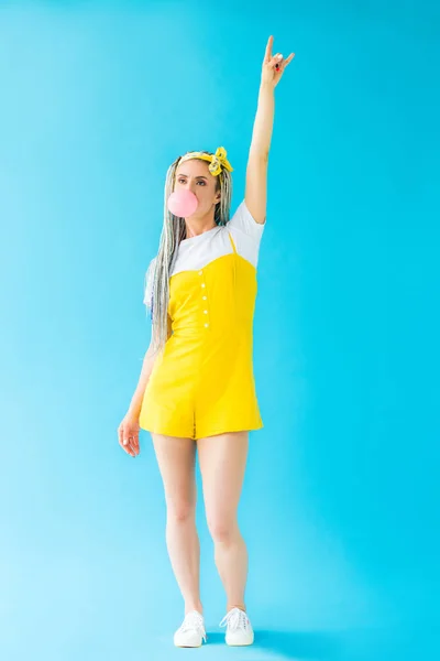 Girl Dreadlocks Blowing Bubblegum Showing Rock Sign Turquoise — Stock Photo, Image