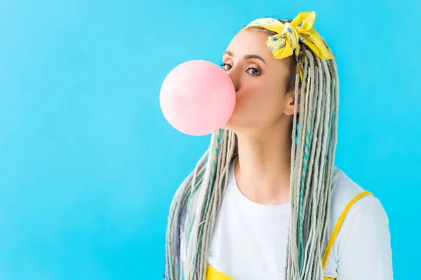 Girl Dreadlocks Headband Blowing Bubblegum Isolated Turquoise — Stock Photo, Image