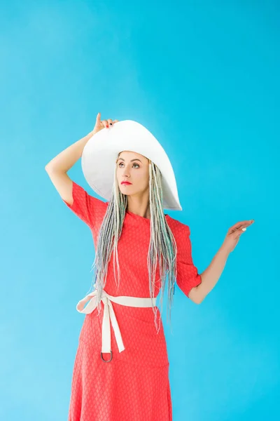 Beautiful Girl Hat Dress Posing Isolated Turquoise — Stock Photo, Image