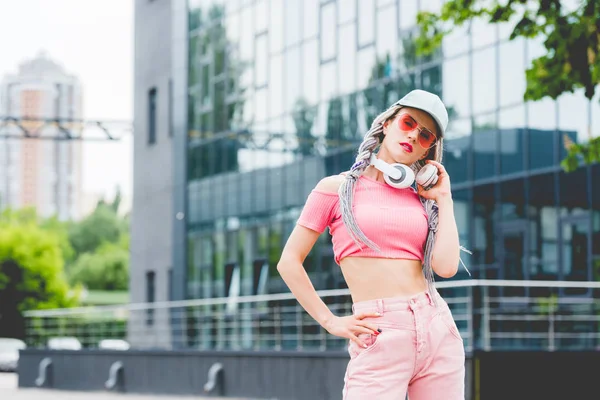 Stylish Girl Sunglasses Headphones Posing Looking Camera — Stock Photo, Image