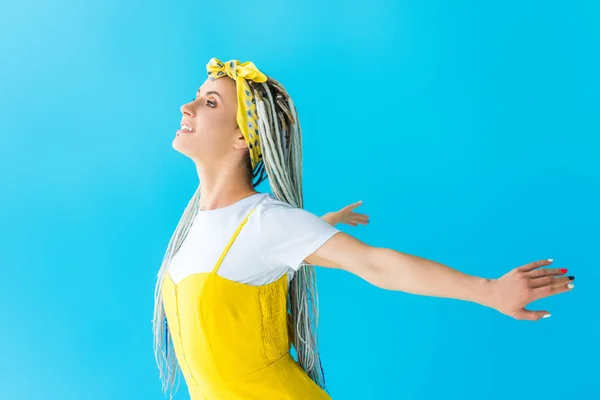 Happy Girl Dreadlocks Outstretched Hands Posing Isolated Turquoise — Stock Photo, Image